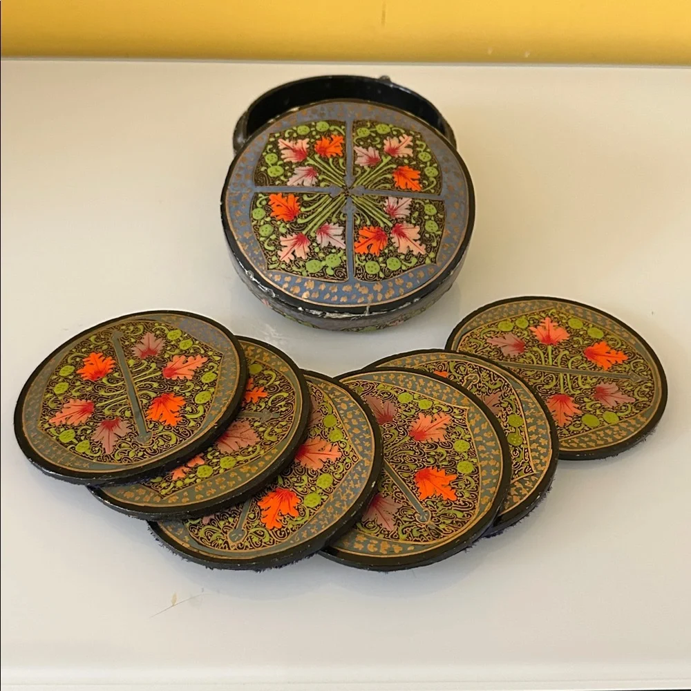 Vintage Floral Botanical Hand Painted Papier-Mache Coaster Set In A Matching Box